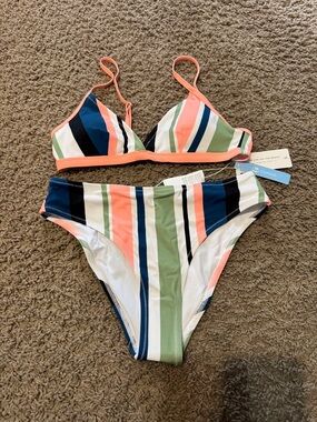 Cupshe Coral, Navy, Olive & White Striped Bikini Set